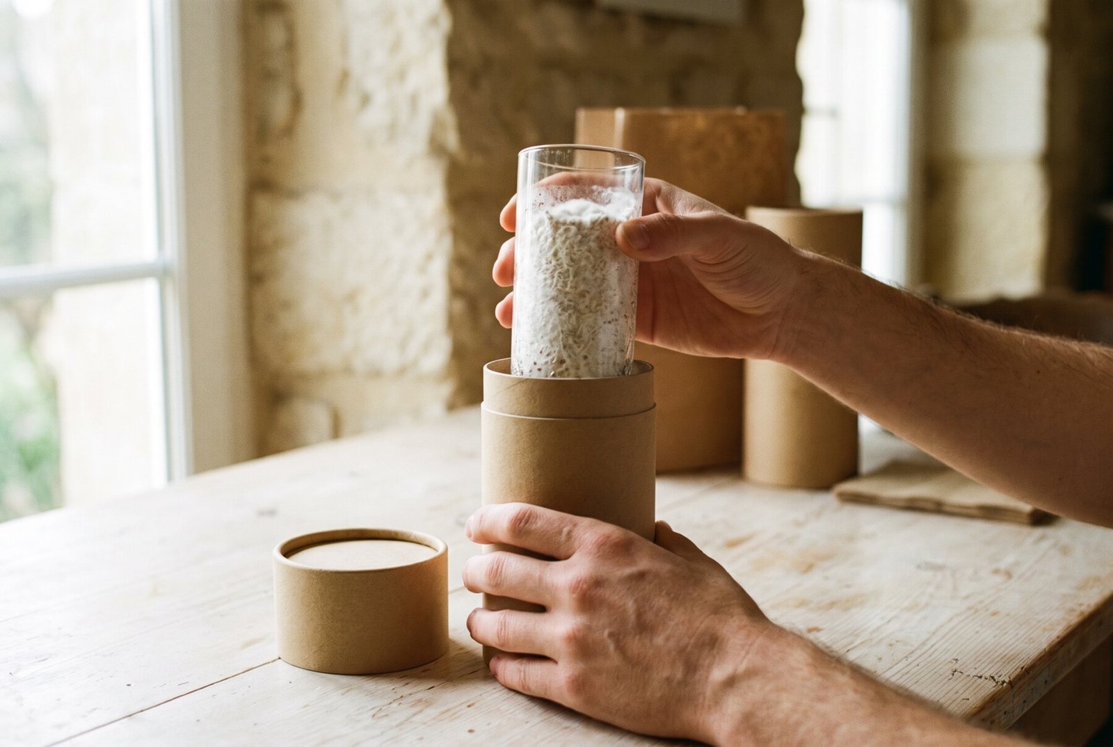 Hands lifting the glass out of the kraft tube