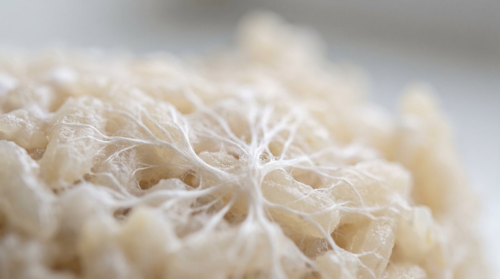 Macro of white mycelium threads on grain
