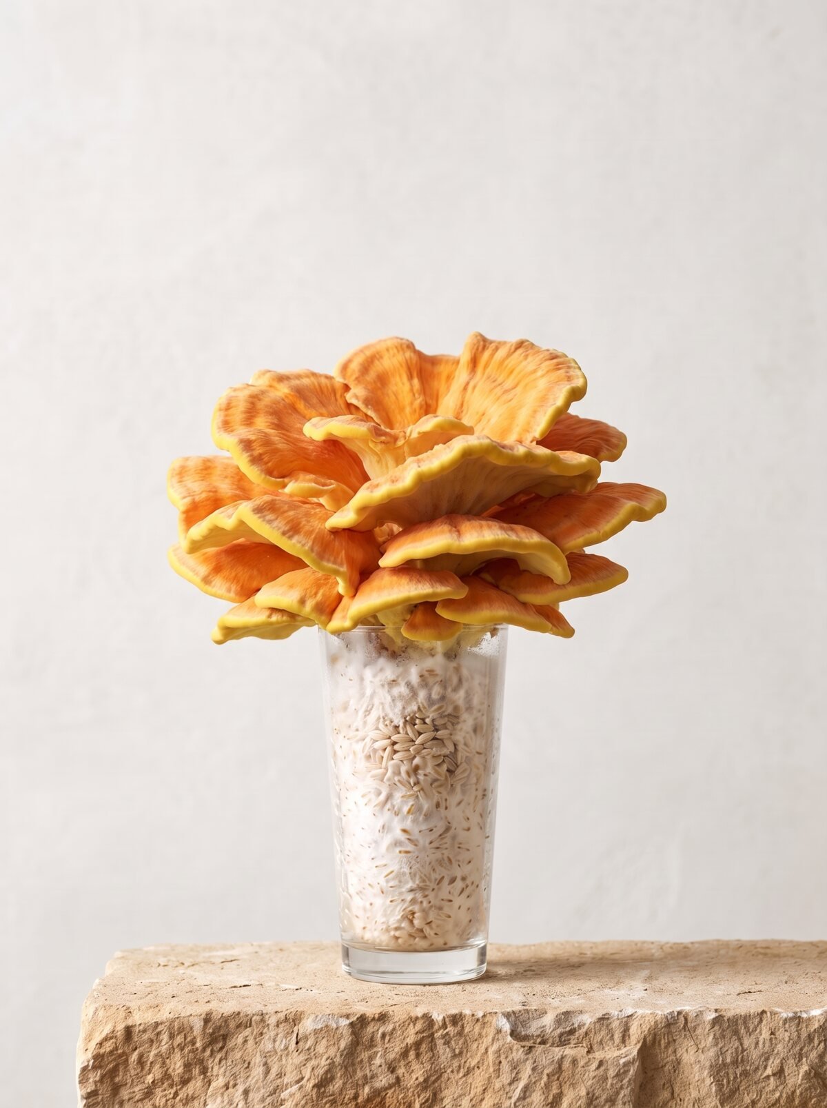 Chicken of the Woods growing from a long-drink glass
