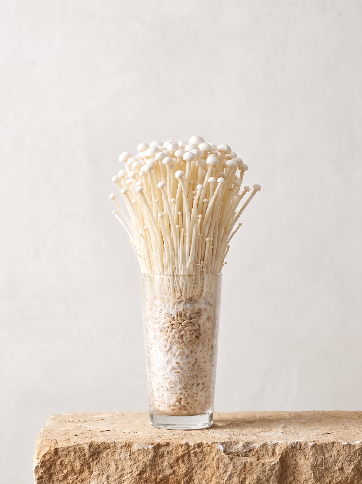 Enoki growing from a long-drink glass