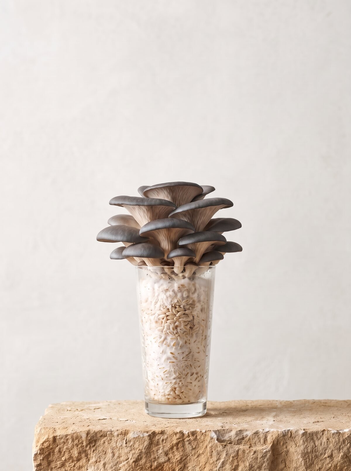 Blue Oyster growing from a long-drink glass