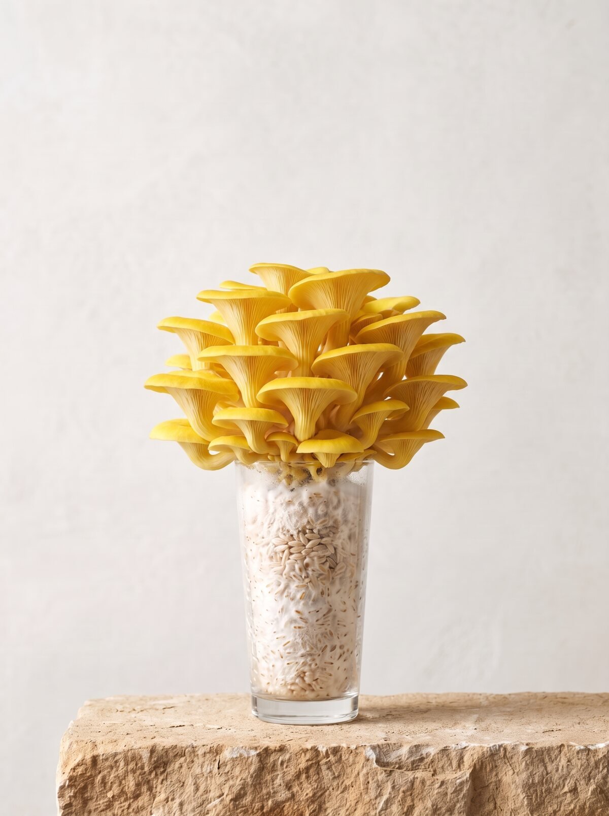 Golden Oyster growing from a long-drink glass