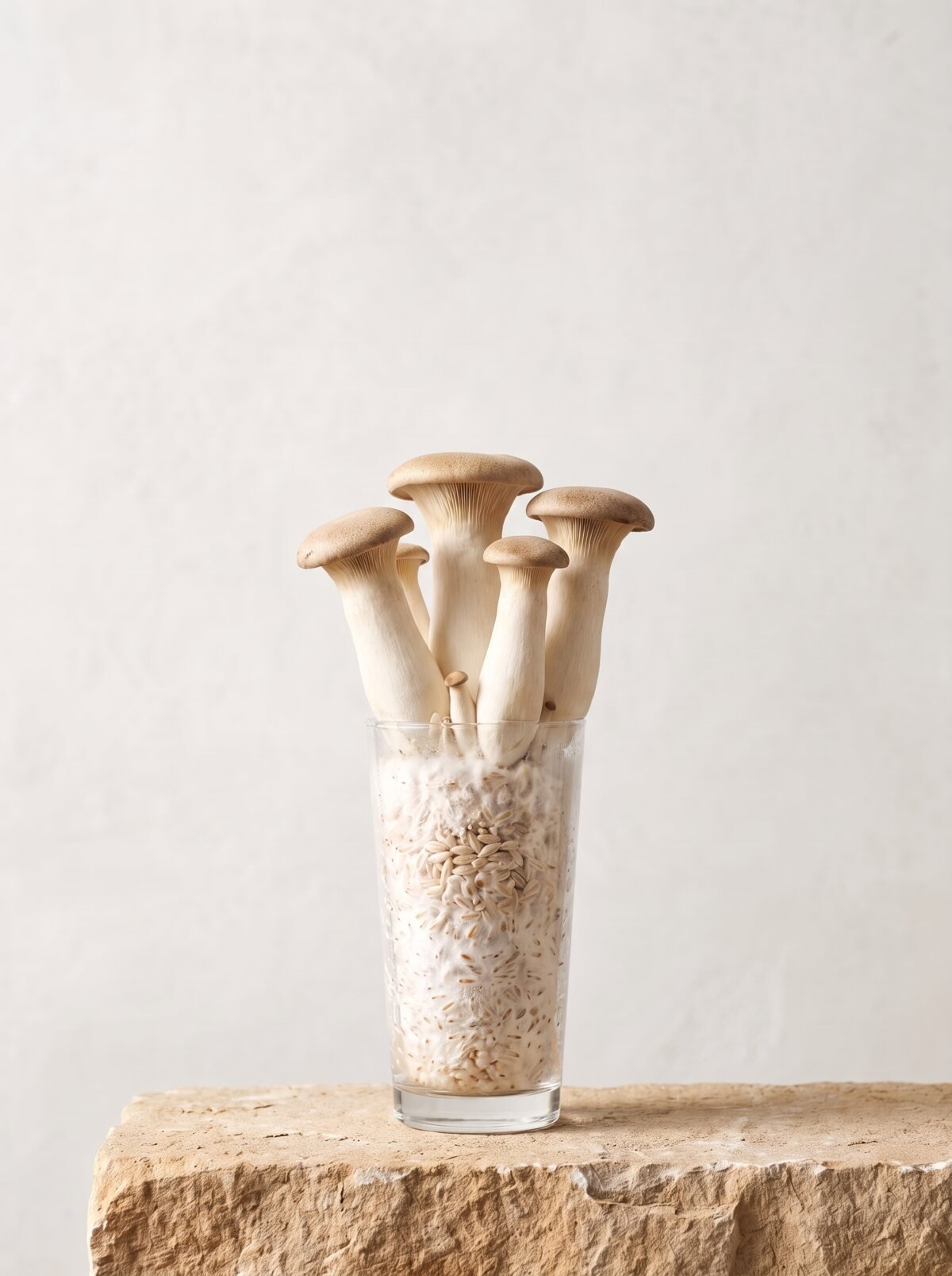 King Oyster growing from a long-drink glass