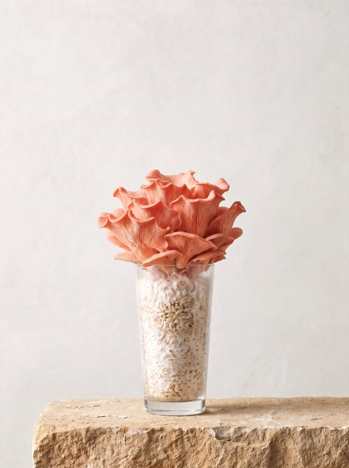 Pink Oyster growing from a long-drink glass