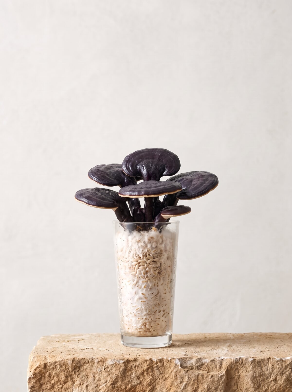 Black Reishi growing from a long-drink glass