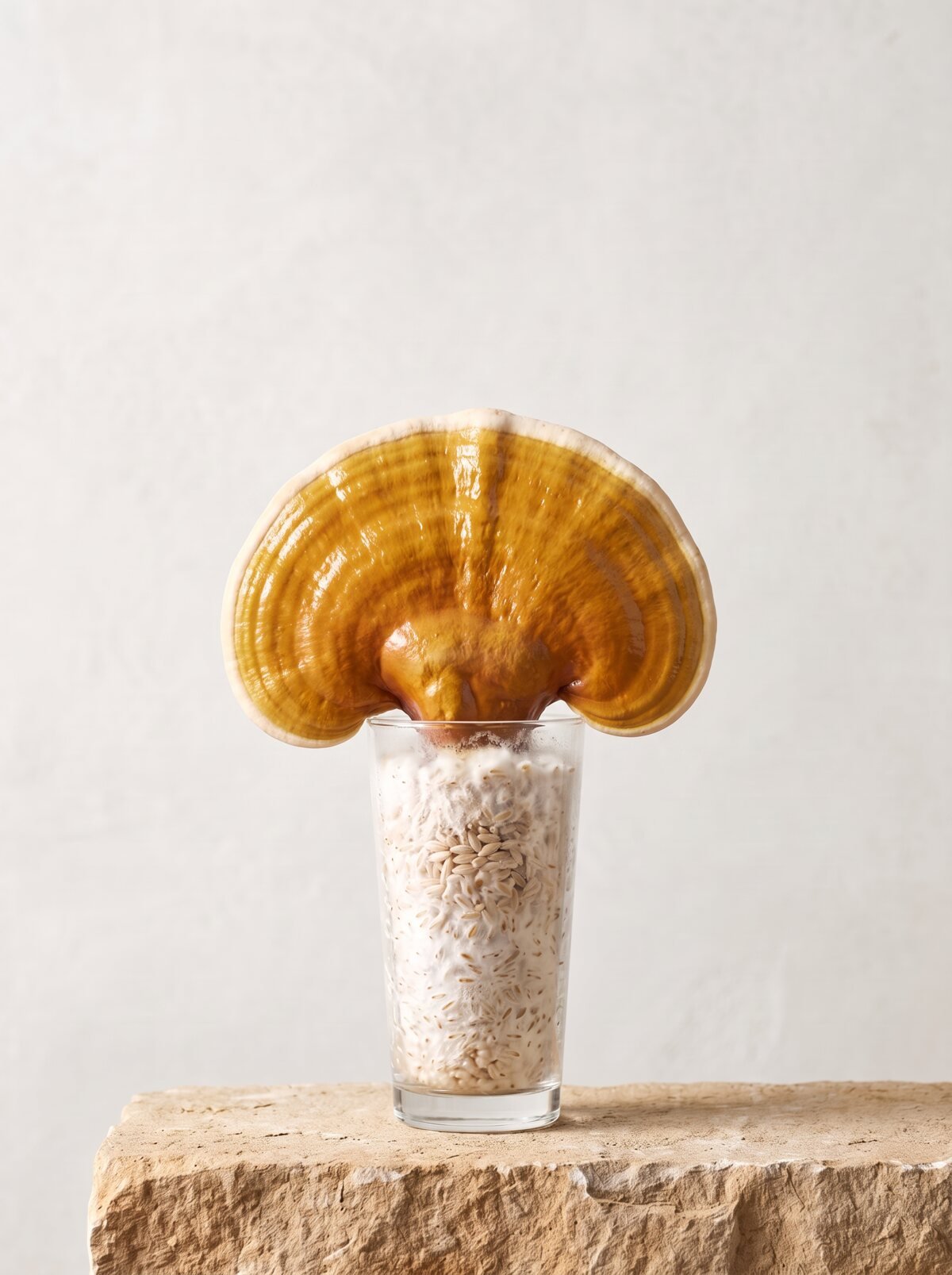 Yellow Reishi growing from a long-drink glass