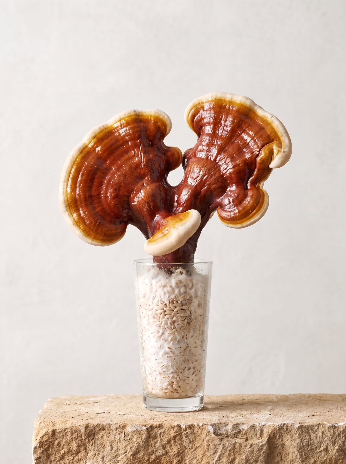 Red Reishi growing from a long-drink glass