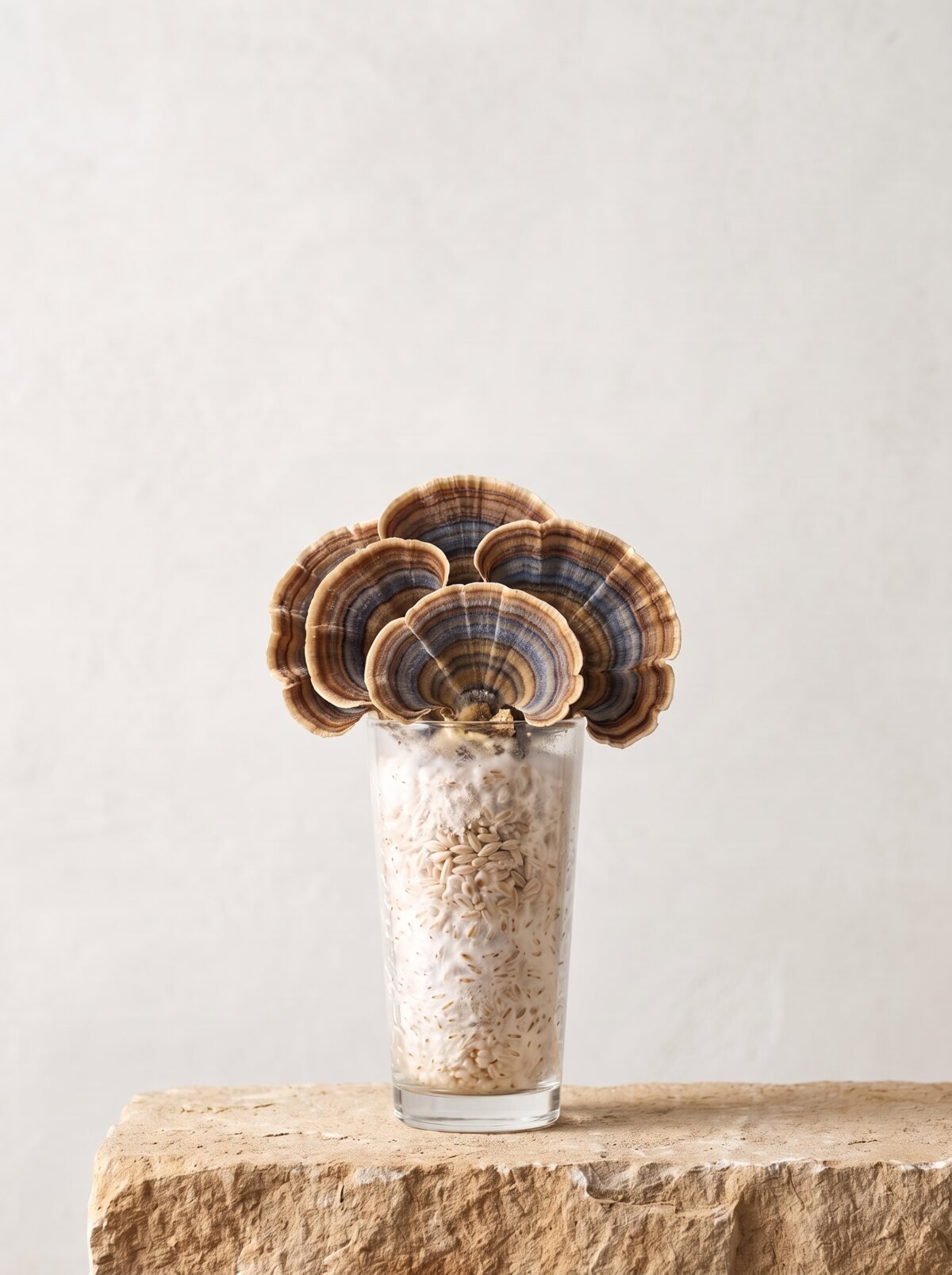 Turkey Tail growing from a long-drink glass